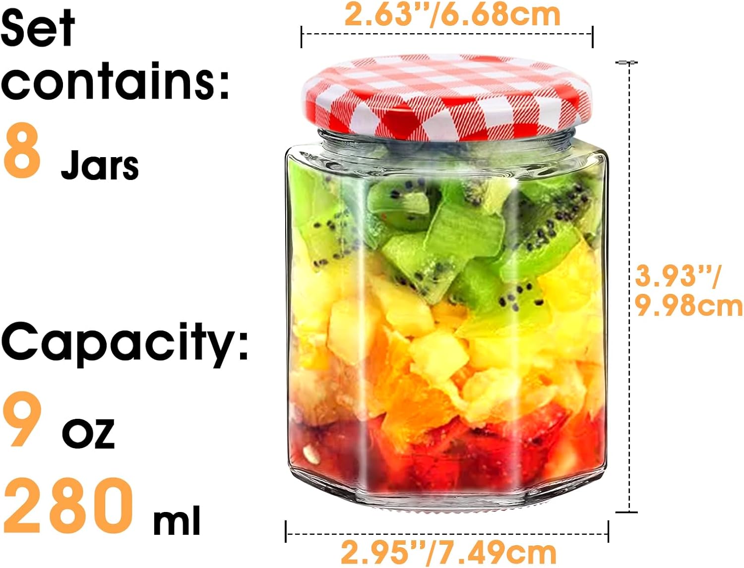 Showvigor Jam Jars with Red Gingham Lid - 280Ml/9Oz - Hexagonal Storage Glass Jars, Clear Airtight Jar for Pickling, Chutney, Jam, Coffee - 6 Set