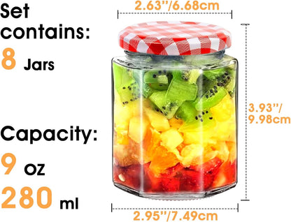 Showvigor Jam Jars with Red Gingham Lid - 280Ml/9Oz - Hexagonal Storage Glass Jars, Clear Airtight Jar for Pickling, Chutney, Jam, Coffee - 6 Set
