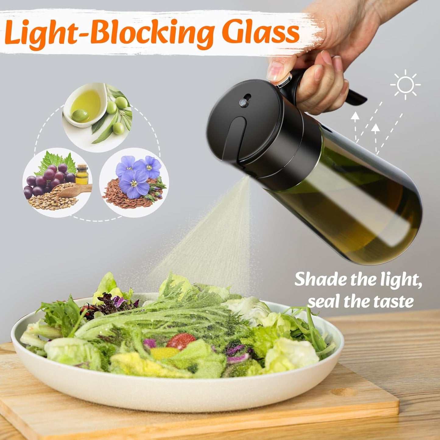 Oil Spray Bottle, 2-In-1 Oil Dispenser&Sprayer Light-Blocking Glass Oil Bottle[Fine Spray & Clog-Resistant Filter] Oil Sprayer for Kitchen Cooking, Air Fryer, Olive Oil/Vinegar/Sauce 580Ml