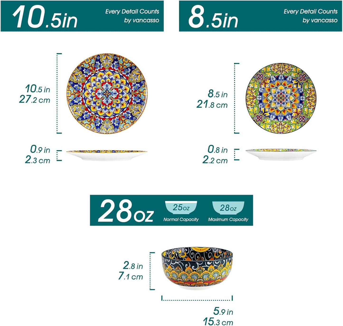 SIMI Dinner Set- 18 Pieces for 6 People, Porcelain Plates and Bowls Set, Bohemian Style Dinnerware Sets, Scratch Resistant Dinner Service Set, Dishwasher and Microwave Safe