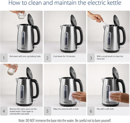 Midea Electric Kettle 3000W Fast Boil 1.7L Stainless Steel Kettle LED Indicator,Spring Lid,Removable Filter,Insulated Handle, Water Level Indicator, Dry Burn Protection,Bpa-Free