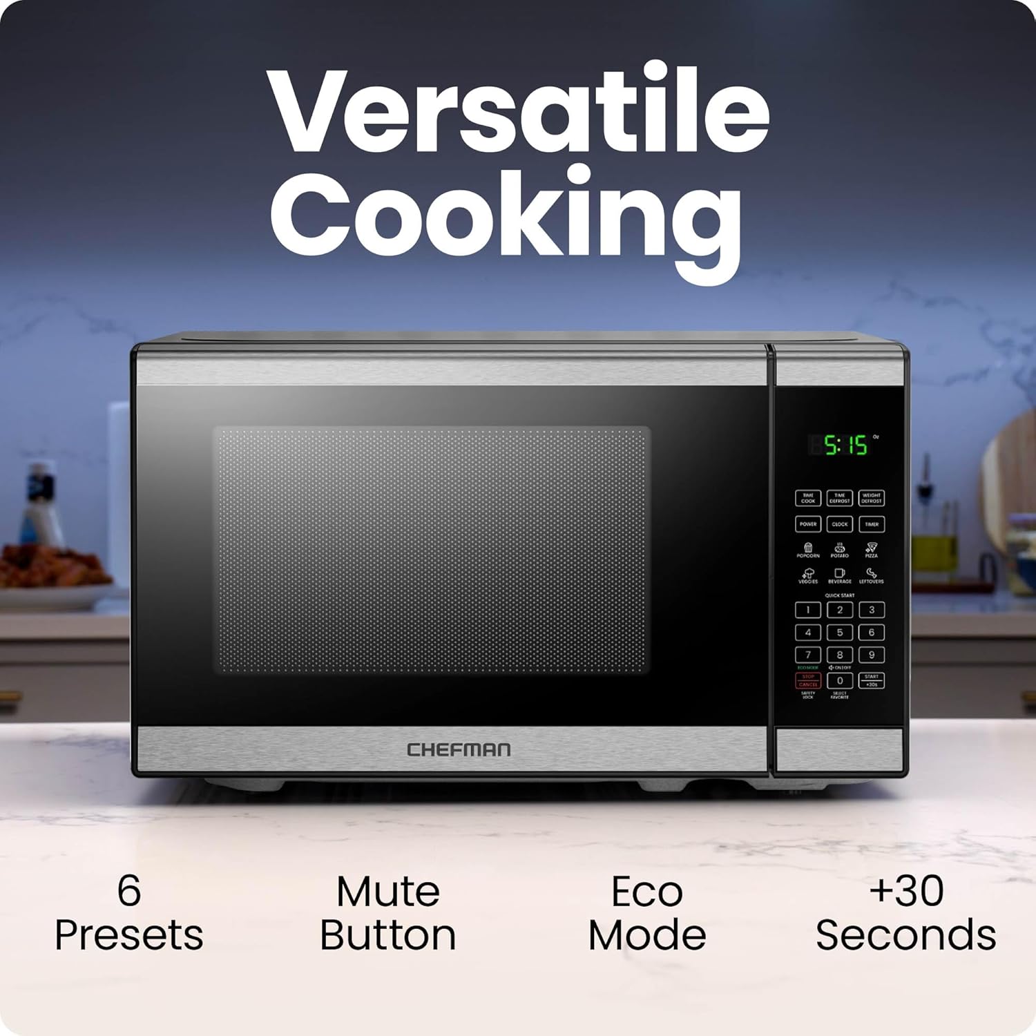 Chefman 800W Microwave Oven, 6 Presets, 10 Power Levels, Eco Mode, Memory, Mute Function, Child Safety Lock, Easy Clean, Stainless Steel