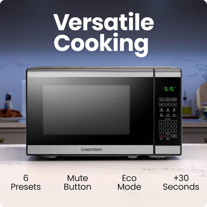 Chefman 800W Microwave Oven, 6 Presets, 10 Power Levels, Eco Mode, Memory, Mute Function, Child Safety Lock, Easy Clean, Stainless Steel