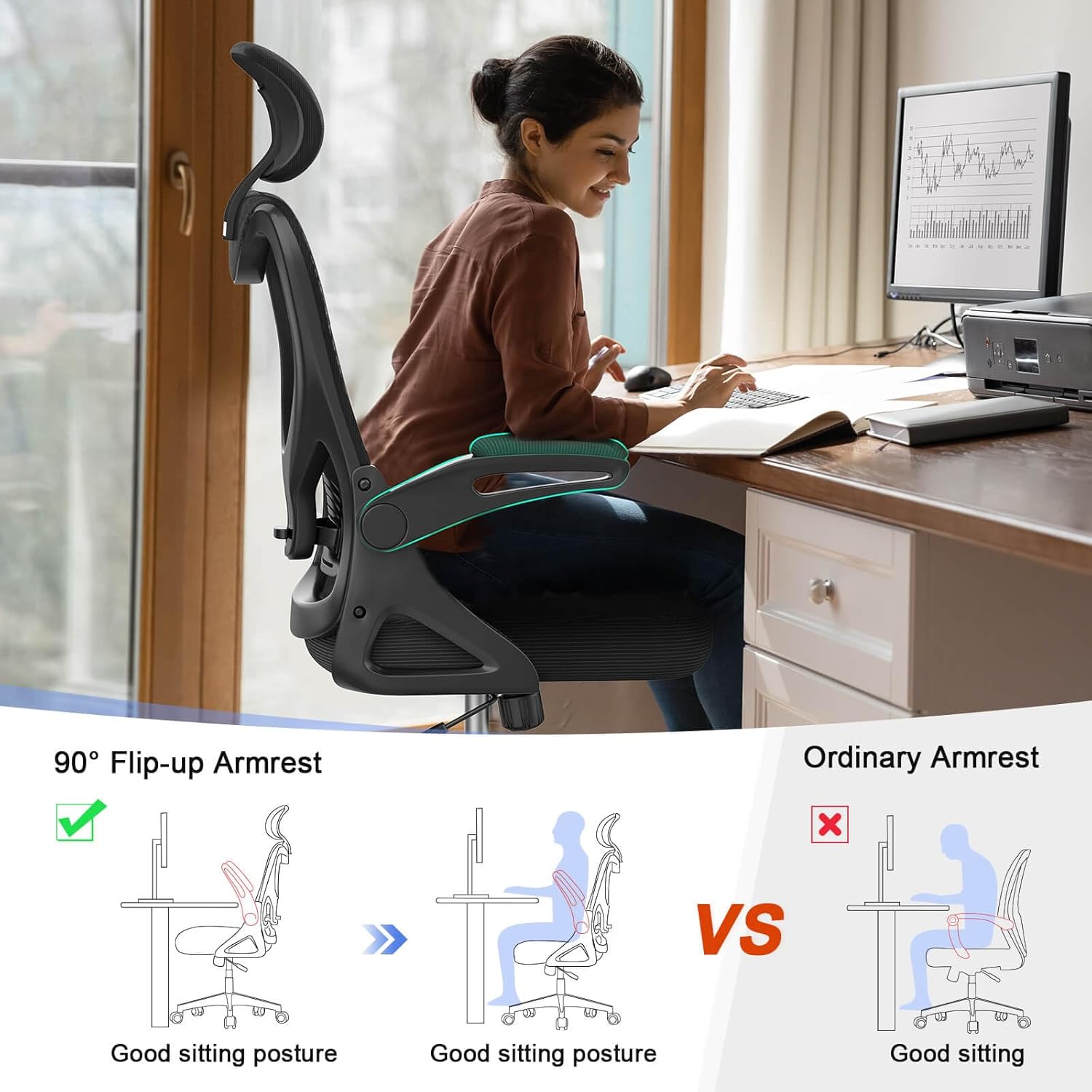 Office Chair - Ergonomic Desk Chair with Lumbar Support Headrest Adjustable, Padded Flip-Up Armrests Comfy Seat Cushion High Back Executive Manager Chair for Home Office