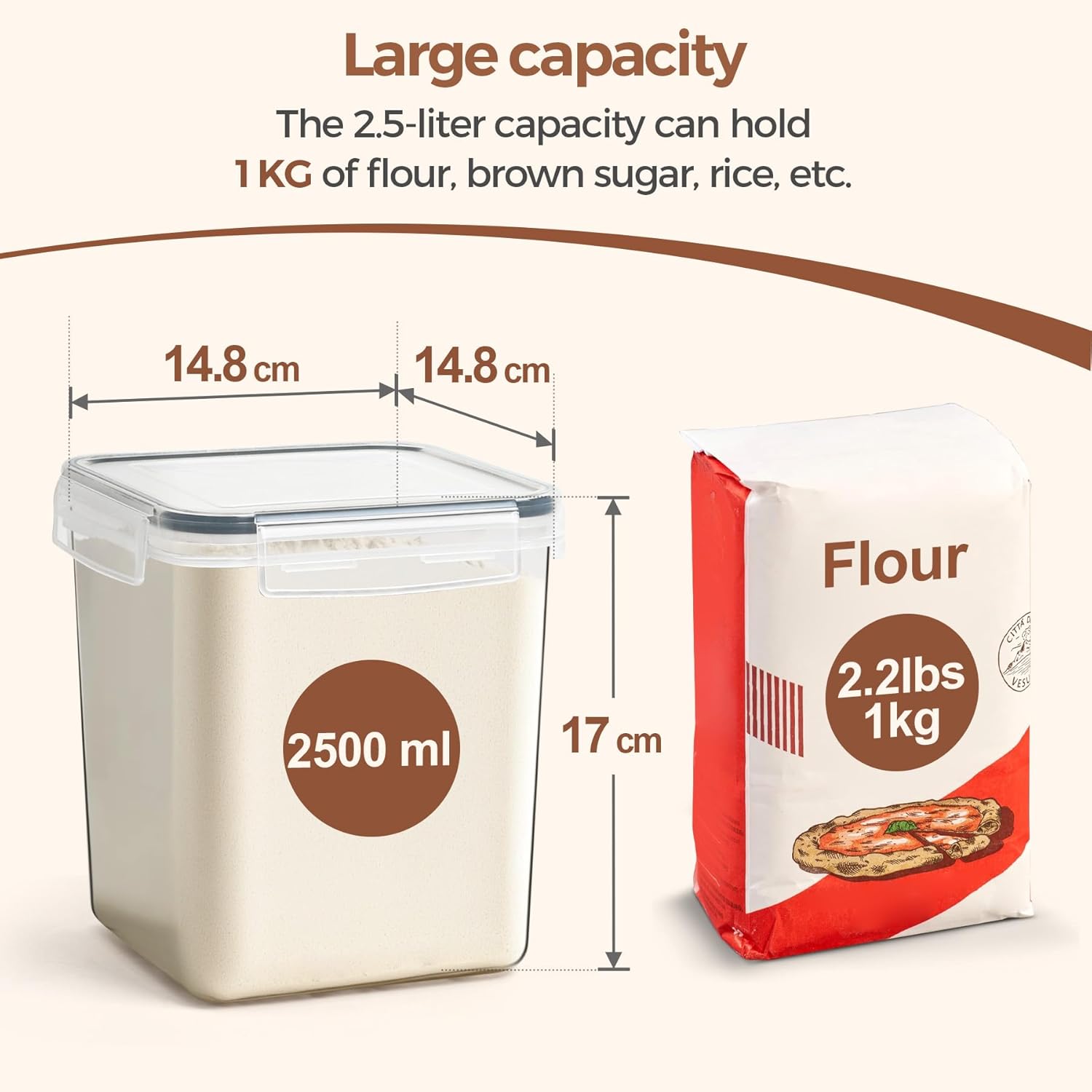 ComSaf  Storage Containers 2.5L Set of 3, Plastic Airtight Food Storage Containers with Lids, Large Clip-Lock Kitchen Storage Containers for Cereal, Rice, Pasta, Dry Food, Bpa-Free Pantry Storage