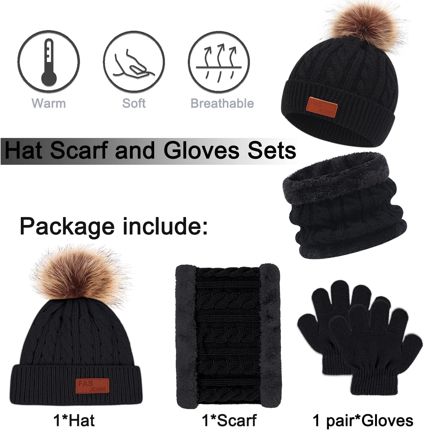 Kids Winter Warm Beanie Hat Scarf Gloves Set,Thermal Knit Crochet Thick Fluffy Toddler Cap Pom Bobble Hat Neck Warmer Gloves Set for Girls Boys Children Aged 2-6