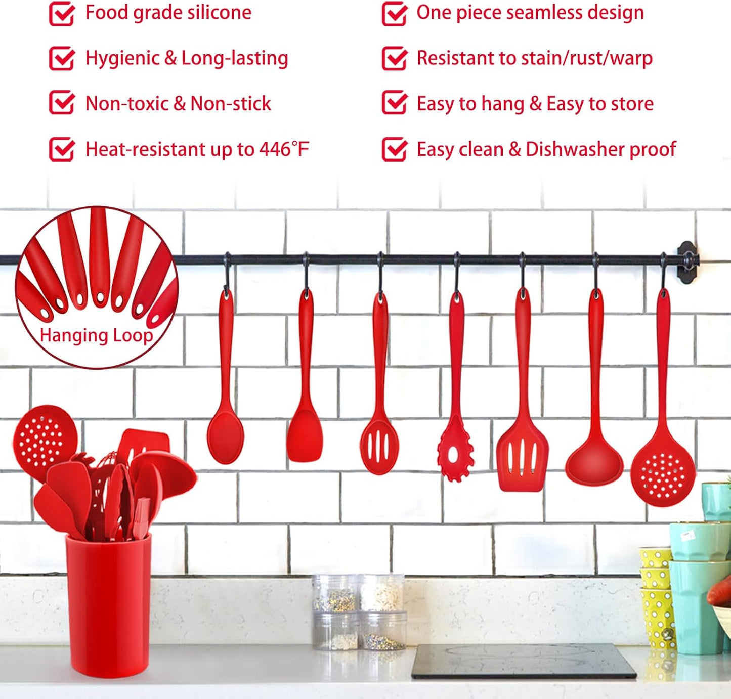 Kitchen Utensil Set,  12 Piece Cooking Utensils, Silicone Kitchen Utensils Set with Holder, Heat Resistant Kitchen Tools Include Spoons Turner Spatula Ladle Tong for Non-Stick Cookware, Red