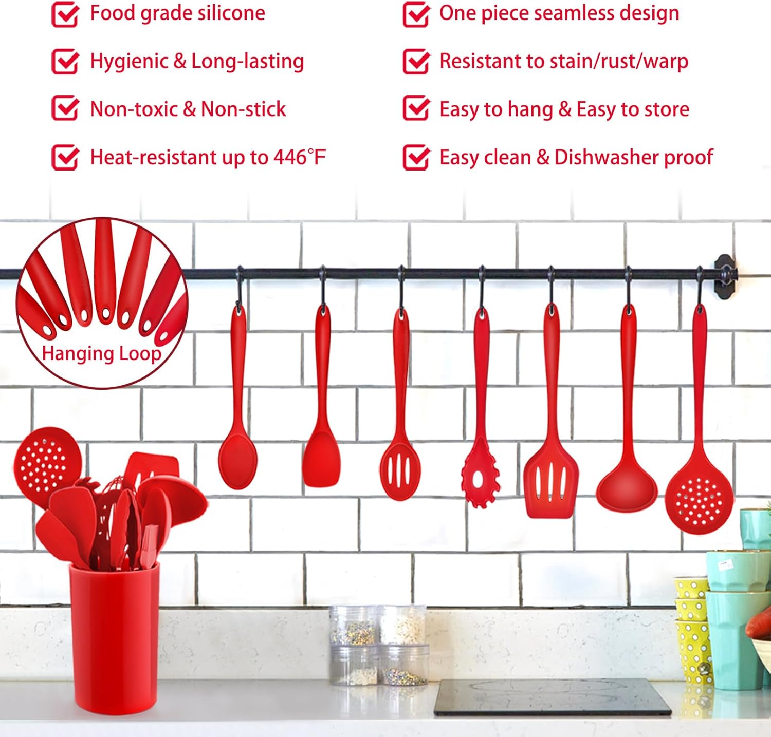 Kitchen Utensil Set,  12 Piece Cooking Utensils, Silicone Kitchen Utensils Set with Holder, Heat Resistant Kitchen Tools Include Spoons Turner Spatula Ladle Tong for Non-Stick Cookware, Red