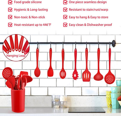 Kitchen Utensil Set,  12 Piece Cooking Utensils, Silicone Kitchen Utensils Set with Holder, Heat Resistant Kitchen Tools Include Spoons Turner Spatula Ladle Tong for Non-Stick Cookware, Red