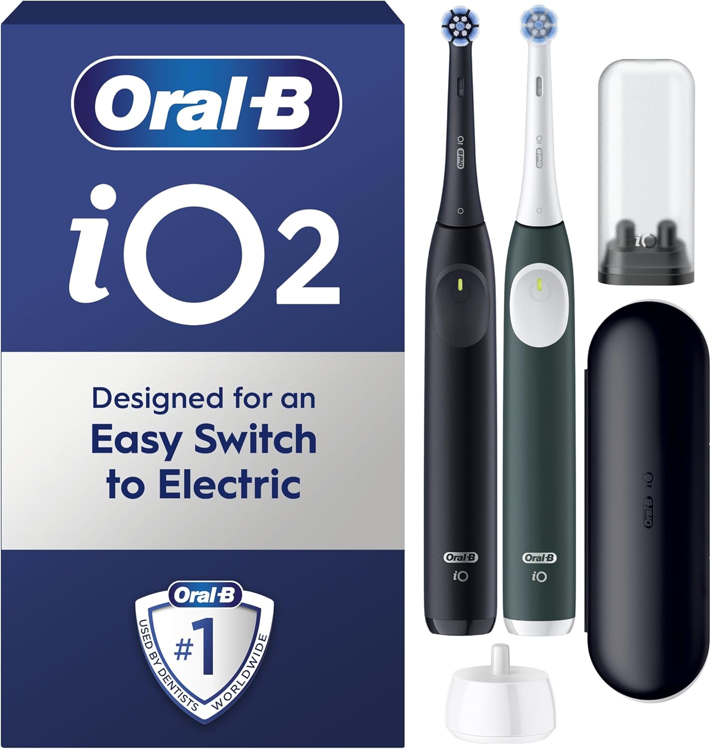 Io2 Duo Electric Toothbrushes, 2 Gentle Care Toothbrush Heads, 1 Travel Case, 1 Travel Refill Holder, Toothbrush for Adults (Night Black and Forest Green), Designed by Braun, 2 Pin UK Plug