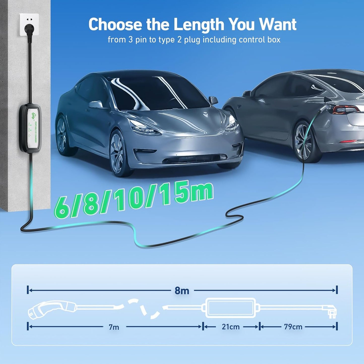 EV Charger Cable Type 2 to 3 Pin Plug 8M, 10A 3 Pin EV Charger Electric Car Charger, 2.3Kw Type 2 Charging Cable 3 Pin IP67/IP54 with LED Indicators&Bag, for Type 2 Evs&Phevs