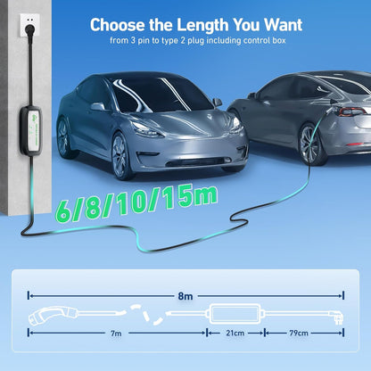 EV Charger Cable Type 2 to 3 Pin Plug 8M, 10A 3 Pin EV Charger Electric Car Charger, 2.3Kw Type 2 Charging Cable 3 Pin IP67/IP54 with LED Indicators&Bag, for Type 2 Evs&Phevs