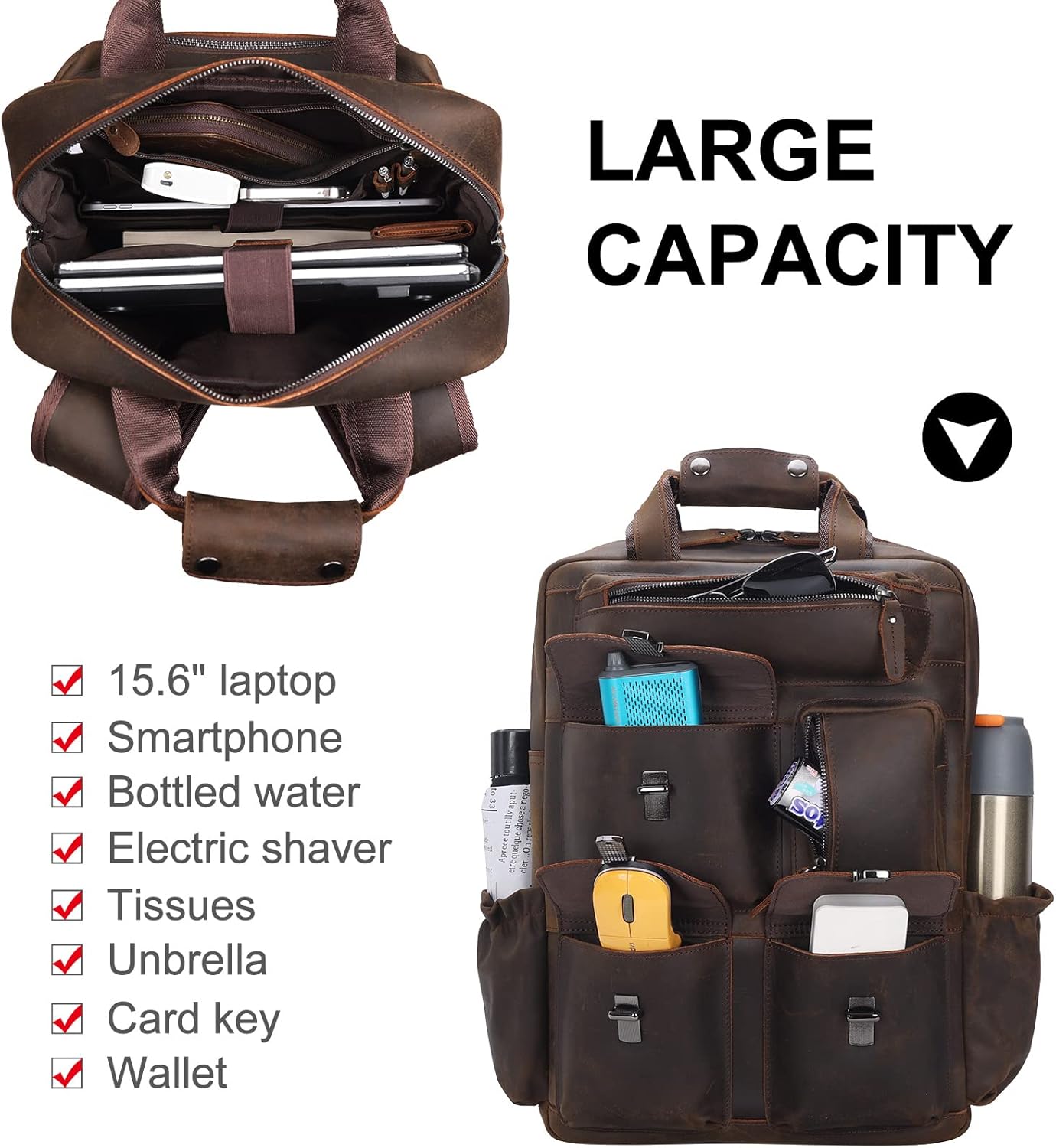 Vintage Leather Backpack for Men Travel Rucksack with Multi Pockets 15.6" Laptop Bag Casual Daypack, Brown