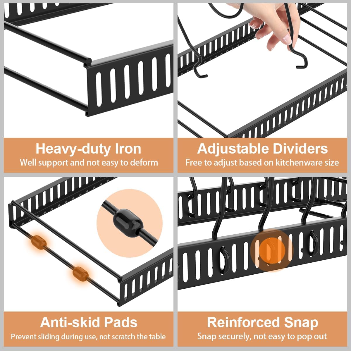 Pan Organiser for Cupboard, Expandable Pan Lid Holder with 14 Adjustable Dividers, Pot Lid Organiser Pan Storage Organizer Rack for Kitchen Cupboard, Black
