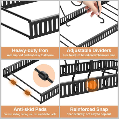 Pan Organiser for Cupboard, Expandable Pan Lid Holder with 14 Adjustable Dividers, Pot Lid Organiser Pan Storage Organizer Rack for Kitchen Cupboard, Black