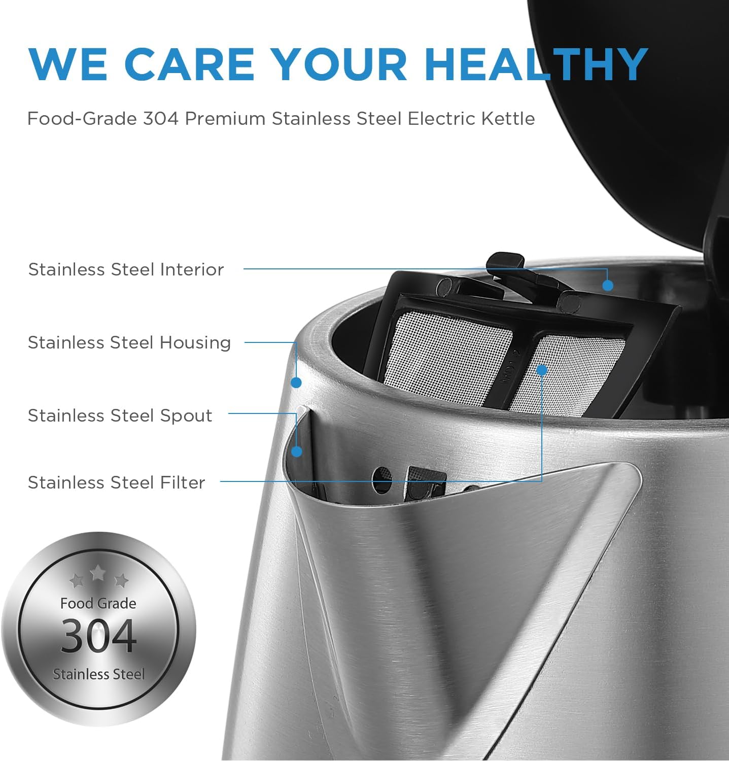 Midea Electric Kettle 3000W Fast Boil 1.7L Stainless Steel Kettle LED Indicator,Spring Lid,Removable Filter,Insulated Handle, Water Level Indicator, Dry Burn Protection,Bpa-Free