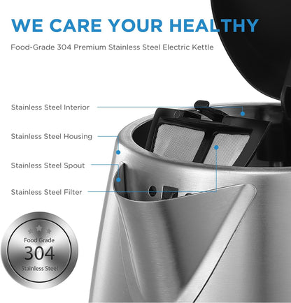 Midea Electric Kettle 3000W Fast Boil 1.7L Stainless Steel Kettle LED Indicator,Spring Lid,Removable Filter,Insulated Handle, Water Level Indicator, Dry Burn Protection,Bpa-Free