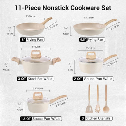 Pots and Pans Set Non Stick, 11 Piece Die-Cast Induction Hob Pan Set, Ceramic Cookware Set Nonstick Cooking Sets with Frying Pans, Saucepan Set, 100% PFOA Free, Cream