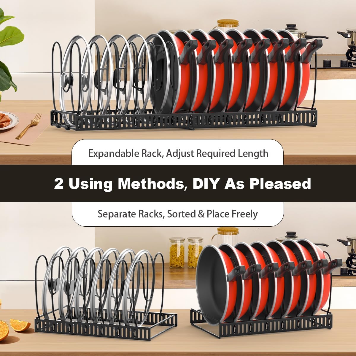 Pan Organiser for Cupboard, Expandable Pan Lid Holder with 14 Adjustable Dividers, Pot Lid Organiser Pan Storage Organizer Rack for Kitchen Cupboard, Black