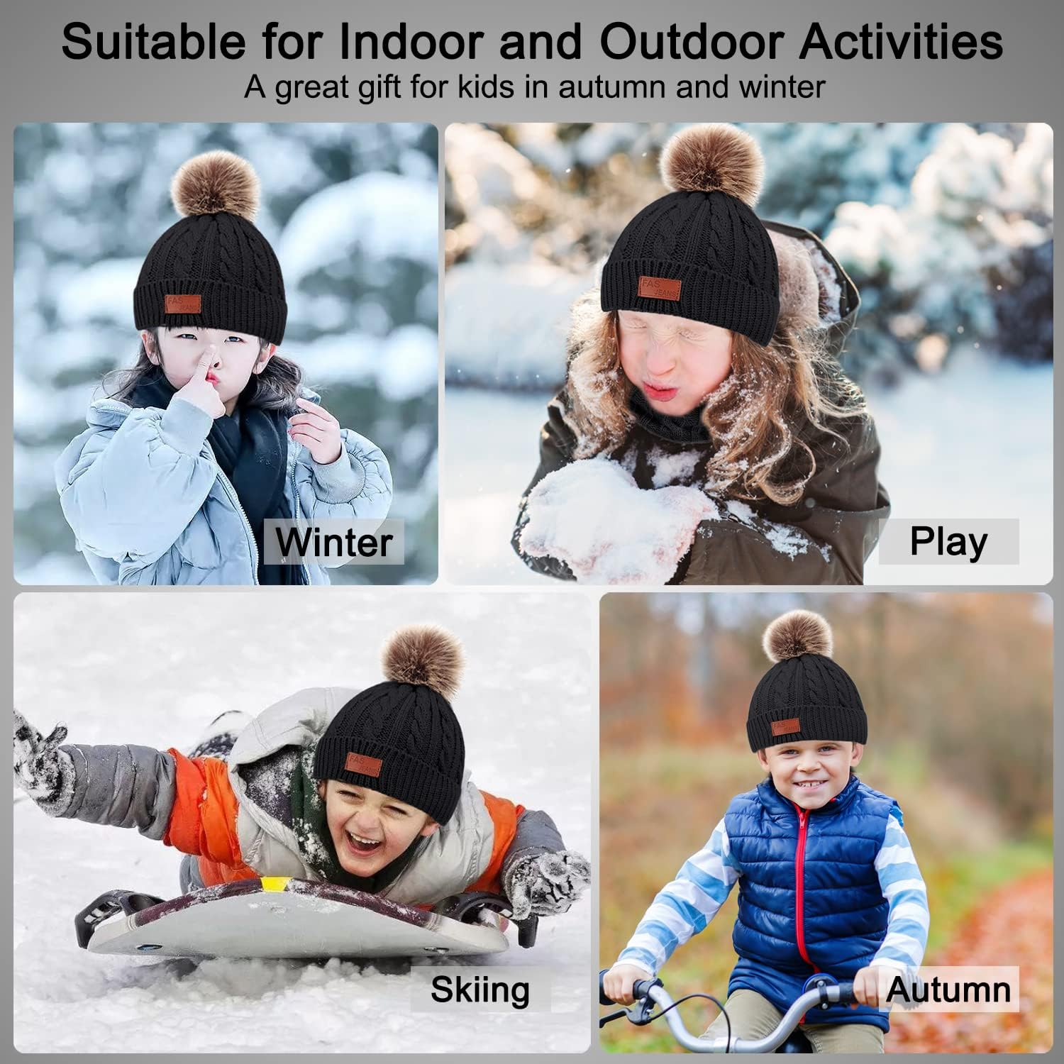 Kids Winter Warm Beanie Hat Scarf Gloves Set,Thermal Knit Crochet Thick Fluffy Toddler Cap Pom Bobble Hat Neck Warmer Gloves Set for Girls Boys Children Aged 2-6