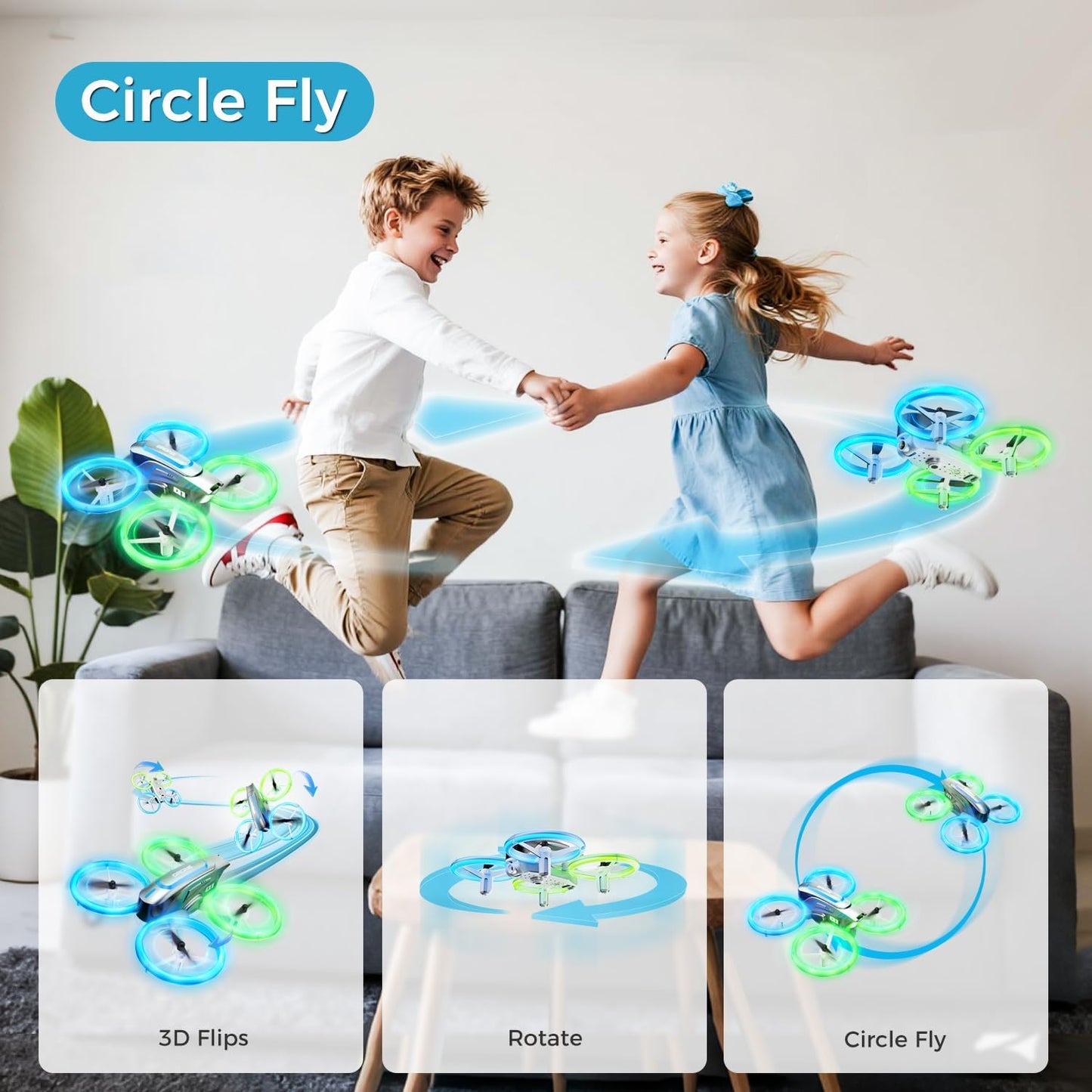 Q1 Mini Drone with Camera for Kids, Adults & Beginners, RC Quadcopter with Cool LED Lights, Headless Mode, 3D Flips, 2 Detachable Batteries, Drone Toys Gifts for Boys and Girls, Grey