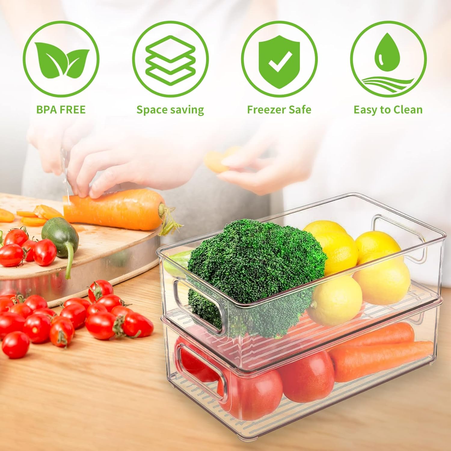 Fridge Organiser, Stackable, Storage Box, Kitchen Organiser, Pantry Storage Container, Transparent Container for Fridge, Kitchens, Cabinets (Pack of 6)
