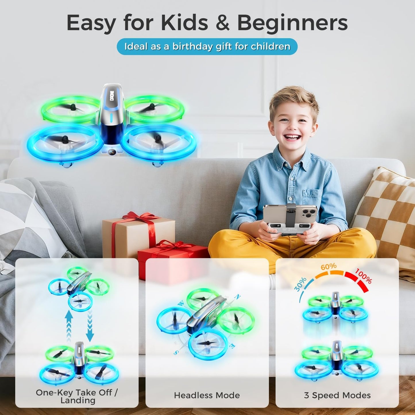 Q1 Mini Drone with Camera for Kids, Adults & Beginners, RC Quadcopter with Cool LED Lights, Headless Mode, 3D Flips, 2 Detachable Batteries, Drone Toys Gifts for Boys and Girls, Grey