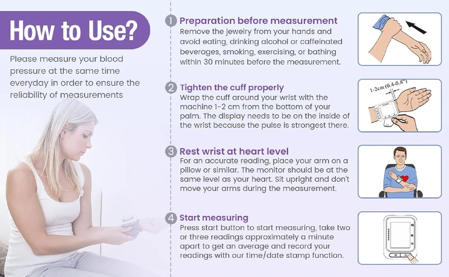 Automatic Wrist Blood Pressure Monitors with LCD Screen, Rechargeable Tonometer Wrist Cuff Digital Irregular Pulse Heart Rate Tensiometer, Automatically Broadcasts Values