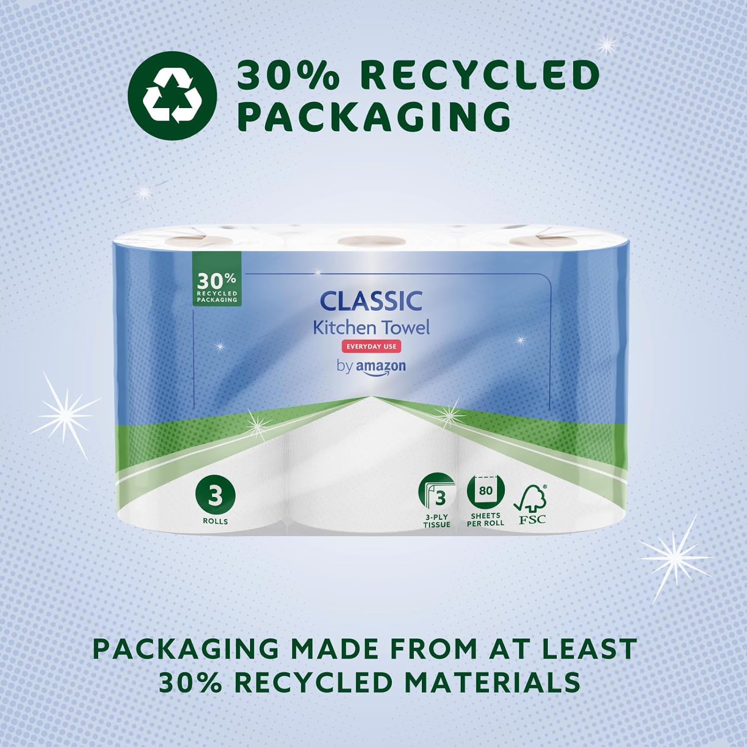 Classic Kitchen Roll, 3-Ply, Strong and Absorbent, 3 Rolls (1 Pack of 3), 80 Sheets per Roll, FSC Certified