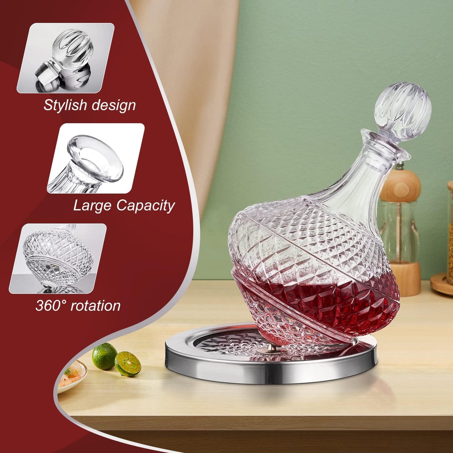 Spinning Wine Decanter with Lid, Unique Crystal Glass Wine Decanter +Luxury Gift Box, Decanter for Wine,Men/Women'S Good Gift on Special Day -55 Oz