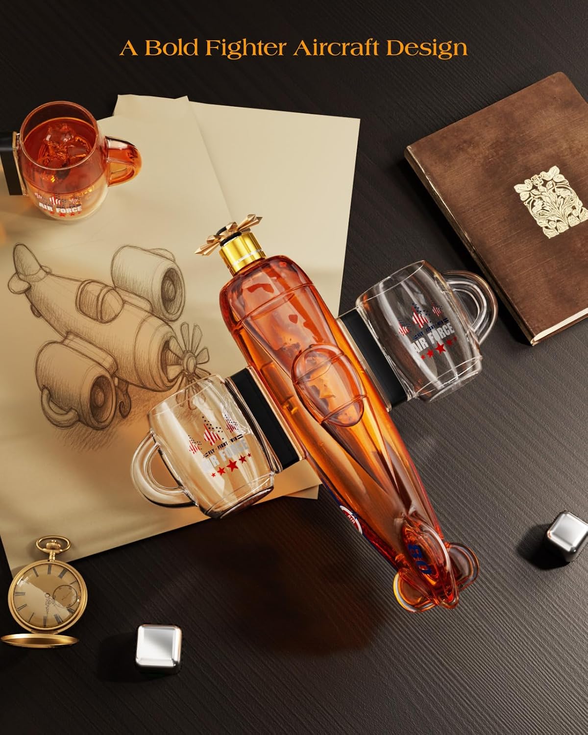 Birthday Gifts for Men Dad,  Fighter Aircraft Whiskey Decanter Set with Whiskey Glasses, Cool Anniversary Fathers Gift Ideas for Him Husband Brother, Funny Military Present, Bar Drinking Party