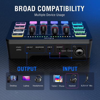 Gaming Audio Mixer for Streaming, RGB PC Audio Interface, DJ Mixer with XLR Microphone Interface Volume Fader Individual Channel Design, Customized Soundboard for Podcast, Recording, Vocal-Sc3