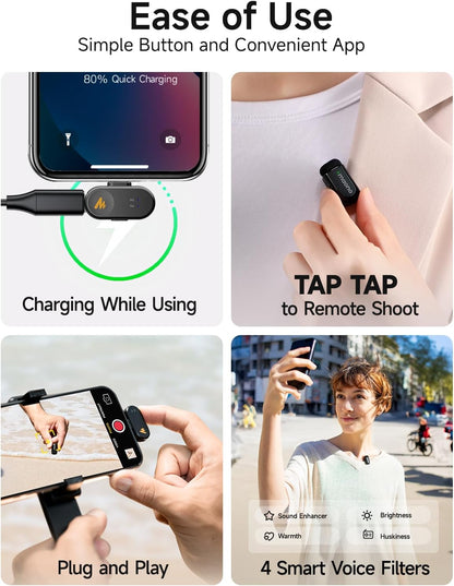 Wireless Microphone for Iphone 17/16/15 & Android, USB-C Wireless Mini Mic with Pro Sound, Noise Cancellation, AI Voice Changer, 30H Battery for Video Recording Vlog Tiktok Youtube,Wave T1 Mini