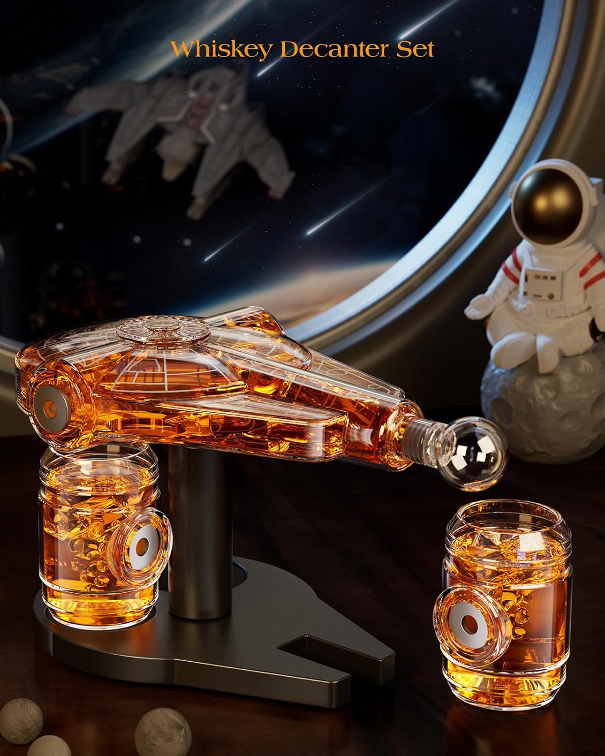 Fathers Day Birthday Gifts for Men Dad, Galaxy Spaceship Whiskey Decanter Sets for Men, Spacecraft Limited Edition, 2 Funny Shot Glasses, Unique Guys Brother Gift Ideas, Liquor Decanter for Bar