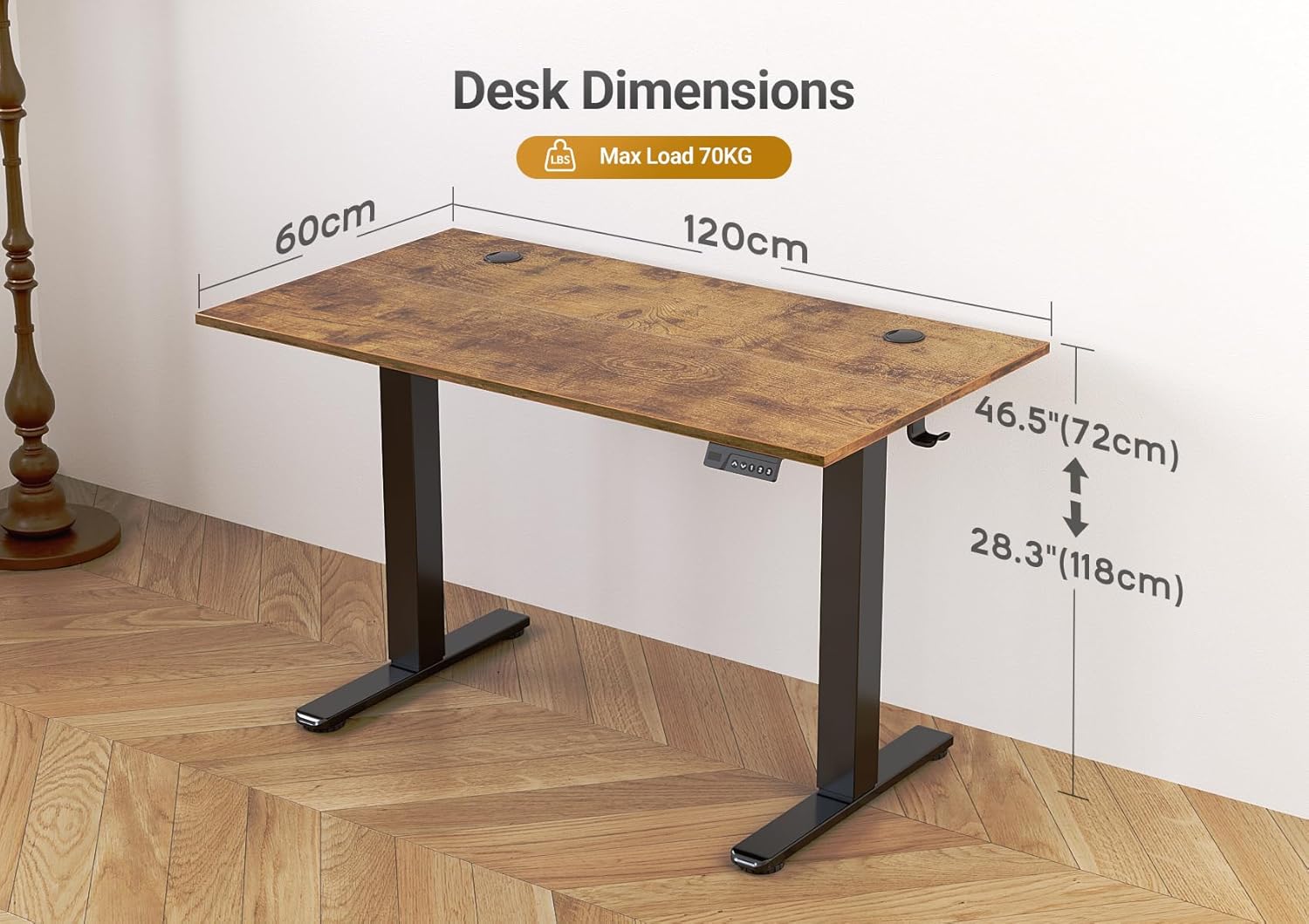 Electric Standing Desk Adjustable Height, 120X60Cm, Sit Stand with Splice Board for Home Office Computer Workstation, Black Frame/Rustic Brown Top