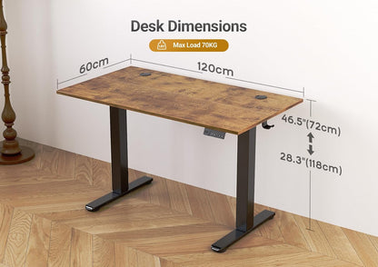 Electric Standing Desk Adjustable Height, 120X60Cm, Sit Stand with Splice Board for Home Office Computer Workstation, Black Frame/Rustic Brown Top