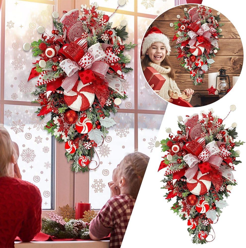 1 Piece Christmas Cane Wreath as Shown Plastic+Metal 12X24 Inch for Front Door Christmas Stairway Decorations Christmas Wreath for Indoor Decor