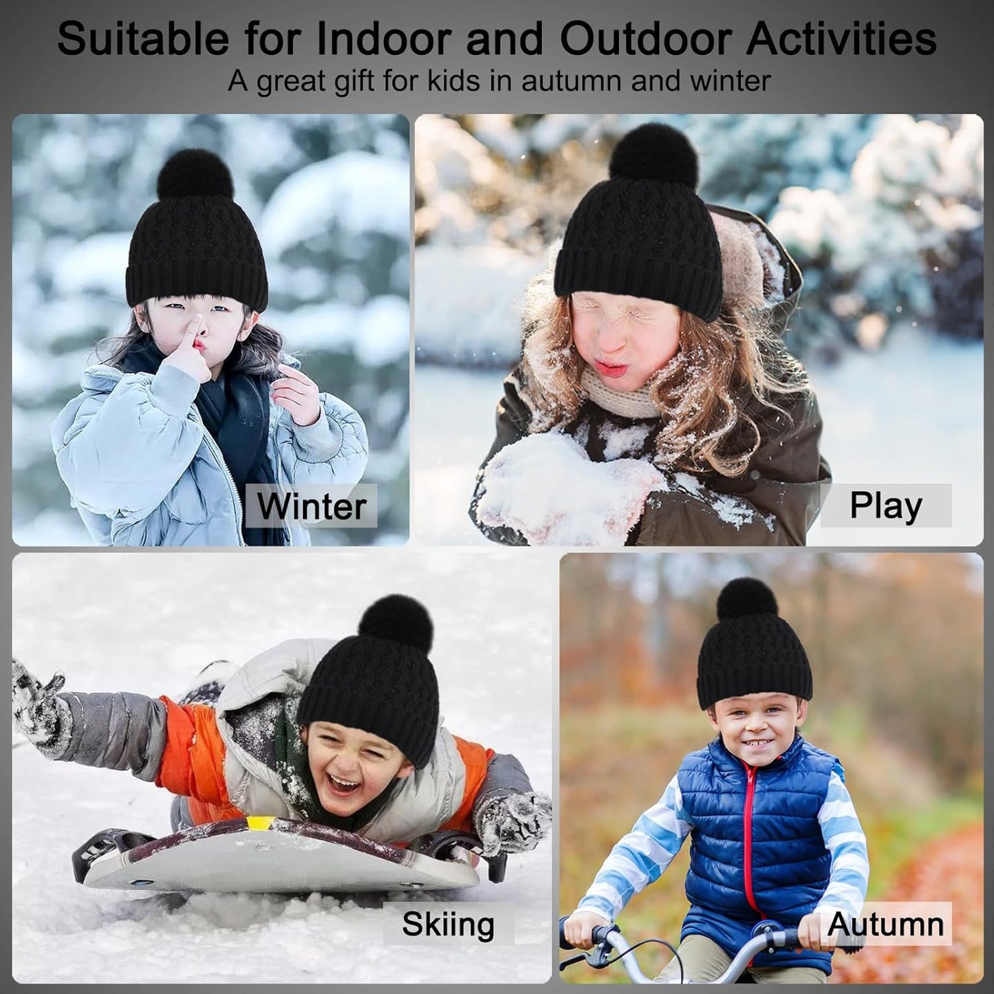 Kids Winter Hat Scarf and Gloves Set, 3Pcs Knitted Warmth Crochet Thick Fluffy Scarf Pom Bobble Hat Two Fingers Touch Screen Gloves Set for Boys and Girls 2-8