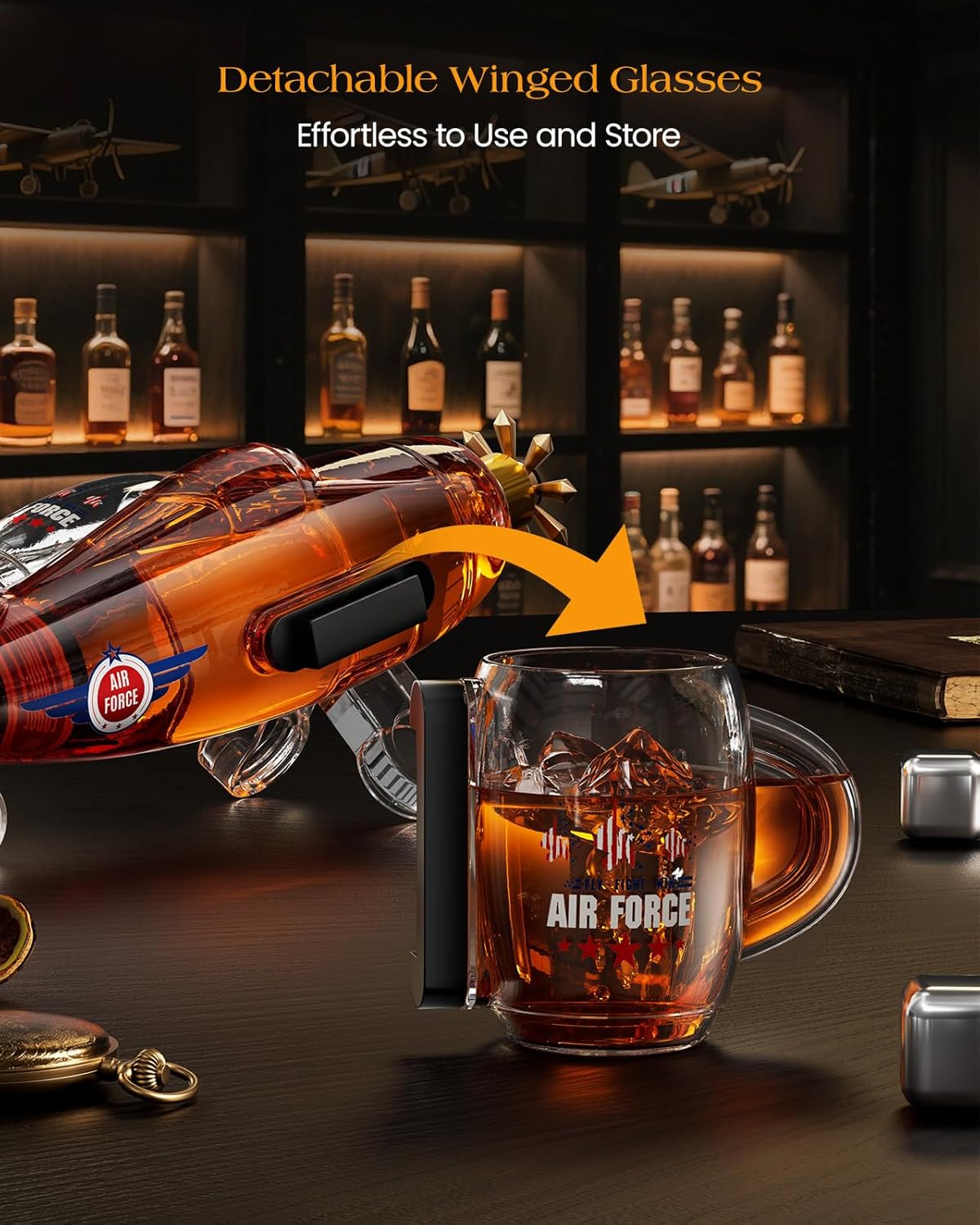 Birthday Gifts for Men Dad,  Fighter Aircraft Whiskey Decanter Set with Whiskey Glasses, Cool Anniversary Fathers Gift Ideas for Him Husband Brother, Funny Military Present, Bar Drinking Party