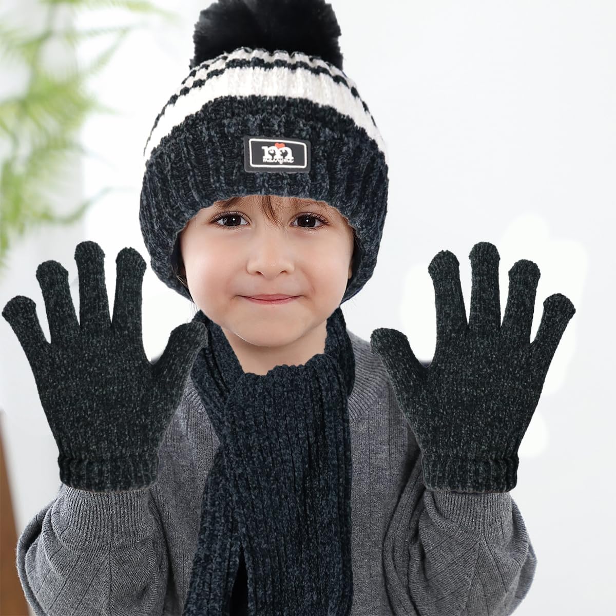 Kids Winter Warm Beanie Hat Scarf Gloves Set Children Knit Striped Pom Pom Beanie Hat 3Pcs Kids Hat Scarf and Snow Gloves Set for Boys Girls and Toddlers Aged 1-5