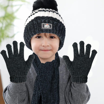 Kids Winter Warm Beanie Hat Scarf Gloves Set Children Knit Striped Pom Pom Beanie Hat 3Pcs Kids Hat Scarf and Snow Gloves Set for Boys Girls and Toddlers Aged 1-5