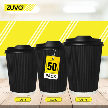 Zuvo 50 Pack Takeaway Coffee Cups with Lids | Disposable Insulated Triple Wall Ripple Kraft Paper Coffee Cups for Takeaway Coffee, Tea or Hot Liquids | Pack of 50 (16 Oz.)