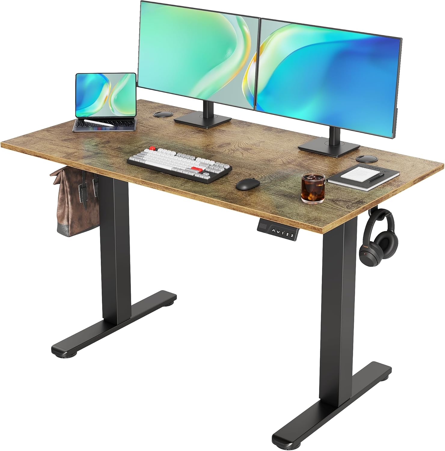 Electric Standing Desk Adjustable Height, 120X60Cm, Sit Stand with Splice Board for Home Office Computer Workstation, Black Frame/Rustic Brown Top