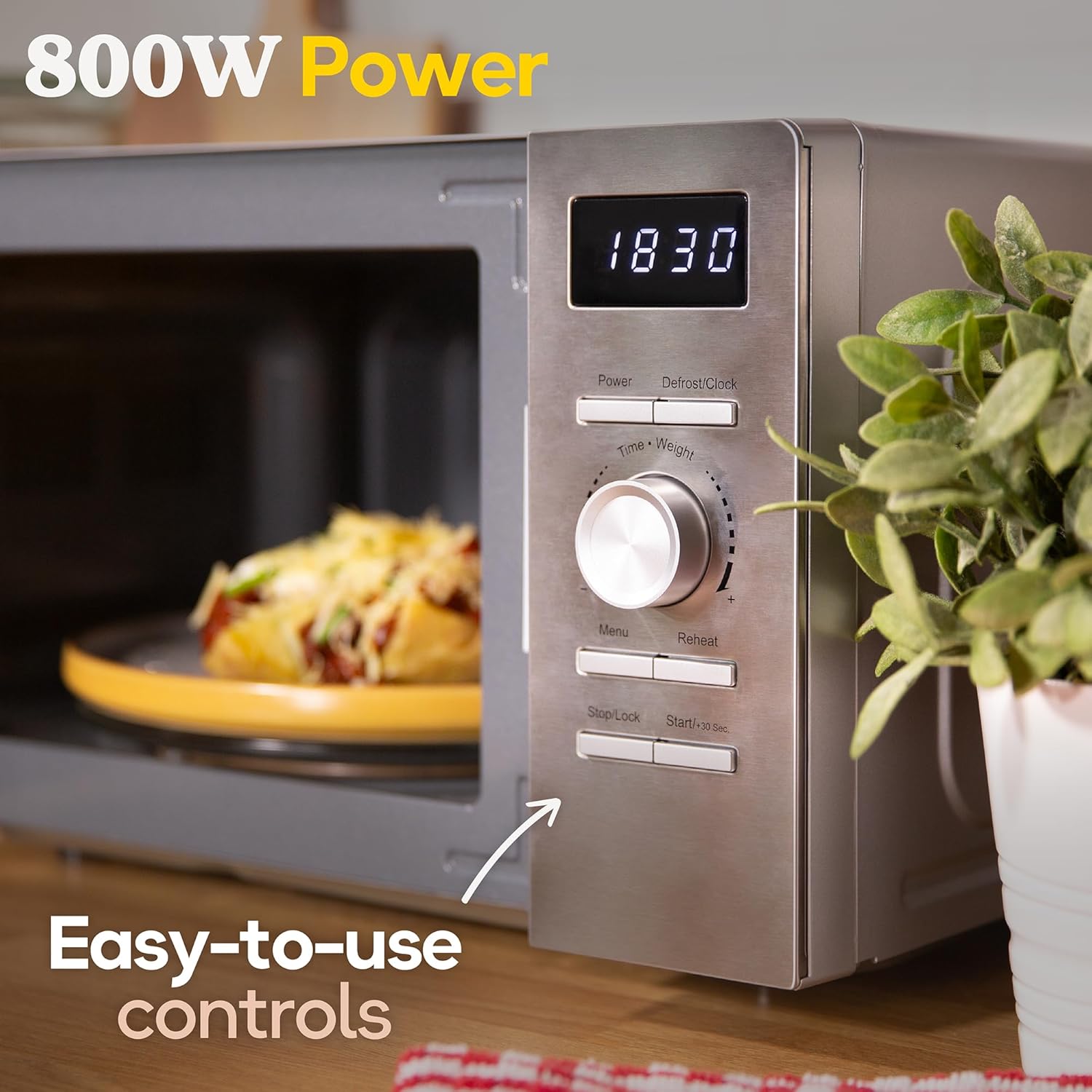 Russell Hobbs Stainless Steel Digital Microwave 20 Litre 800W Solo Digital with 5 Power Levels, Defrost Function & Easy Clean, 60 Minute Timer, 8 Auto-Cook Menus, RHMD828SS