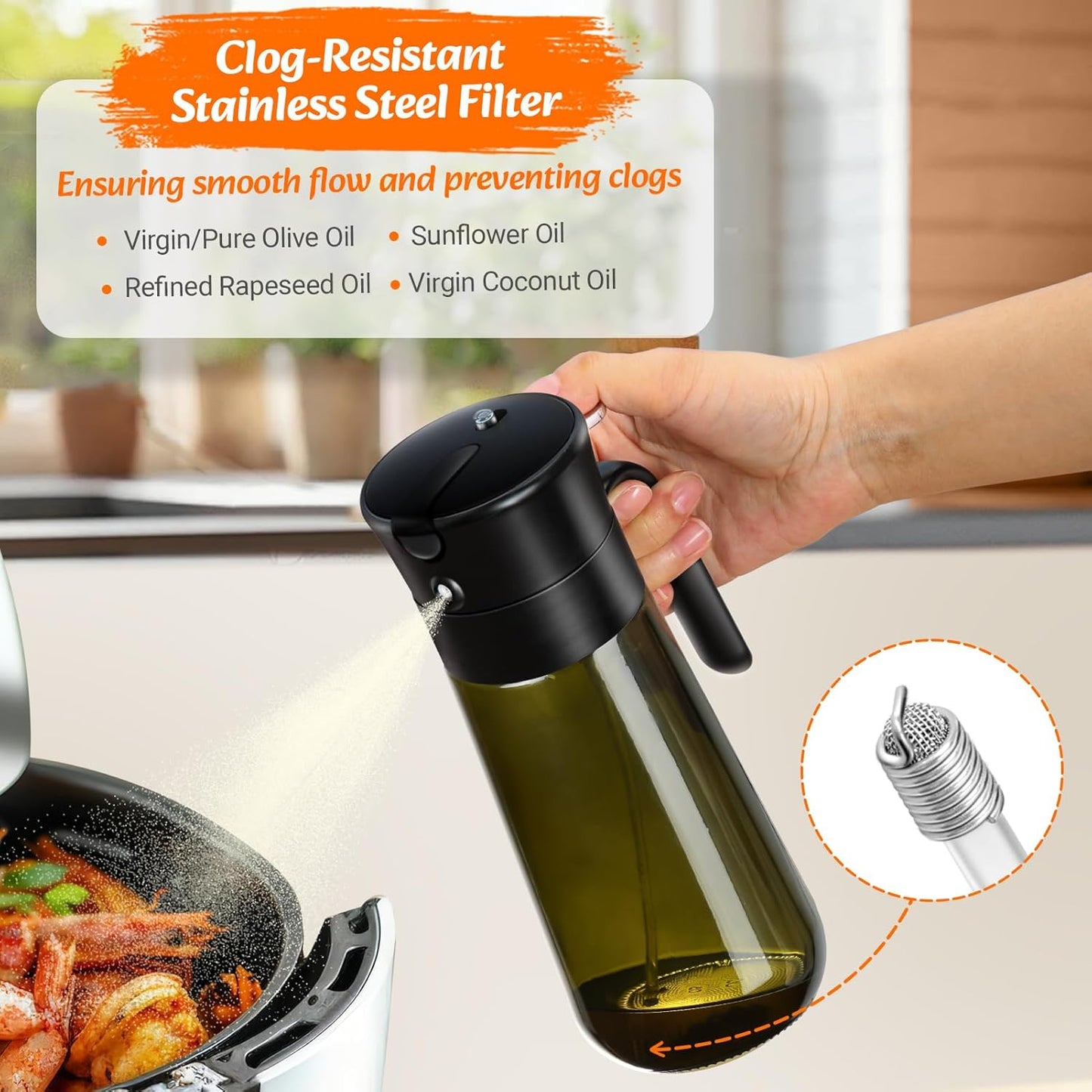 Oil Spray Bottle, 2-In-1 Oil Dispenser&Sprayer Light-Blocking Glass Oil Bottle[Fine Spray & Clog-Resistant Filter] Oil Sprayer for Kitchen Cooking, Air Fryer, Olive Oil/Vinegar/Sauce 580Ml