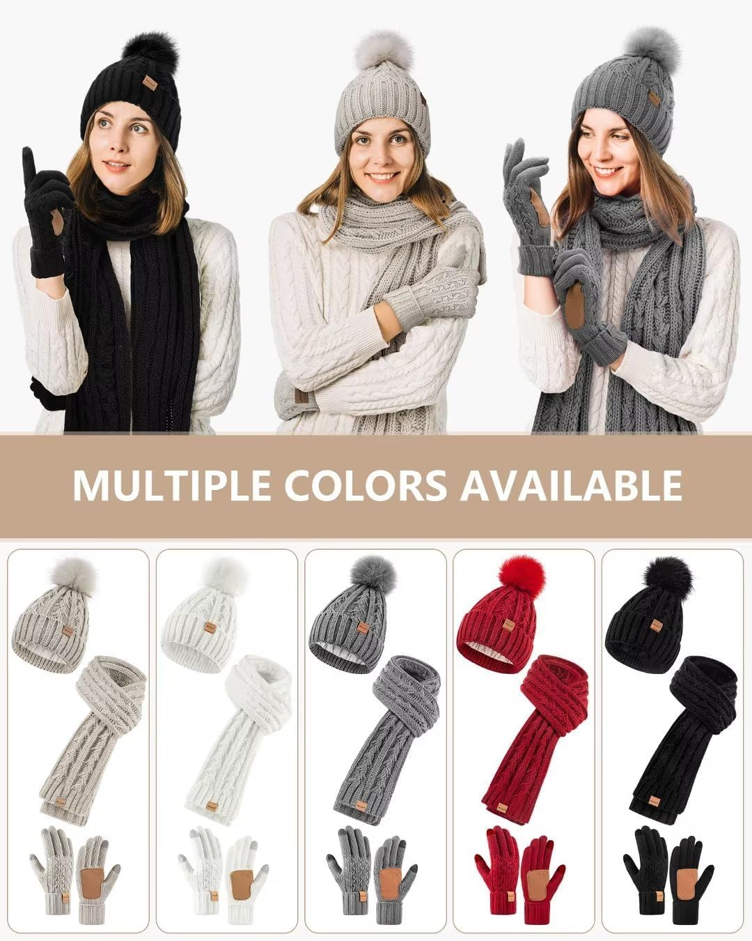 Hat Scarf and Gloves Set Ladies, Winter Beanie Hat for Women with Pom Pom Fleece Lined Warm, Bobble Hat Touchscreen Gloves Women Scarf Neck Warmer 3 in 1 Cold Weather Set