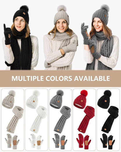 Hat Scarf and Gloves Set Ladies, Winter Beanie Hat for Women with Pom Pom Fleece Lined Warm, Bobble Hat Touchscreen Gloves Women Scarf Neck Warmer 3 in 1 Cold Weather Set