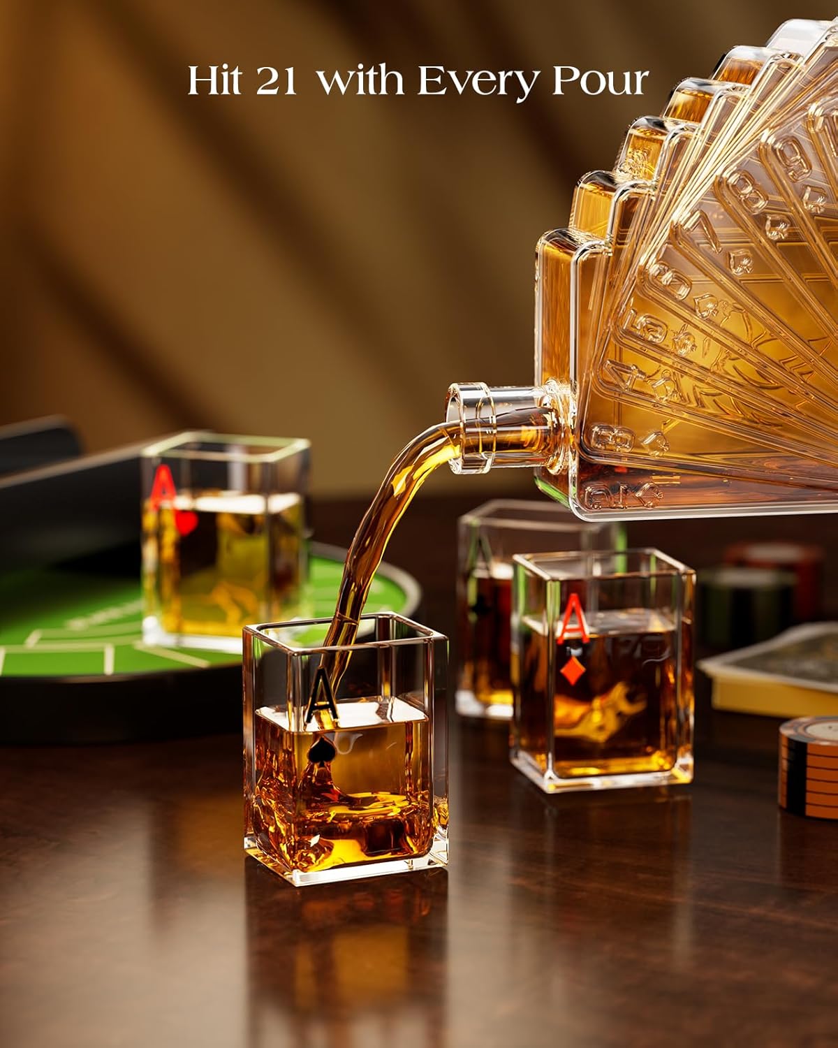 Blackjack Whiskey Decanter Set, 37.2 Oz Whiskey Decanter with 4 Glasses, Casino Style Decanter for Liquor, Christmas Birthday Gifts for Men, Dad, Boyfriend, Blackjack Game Night Essentials