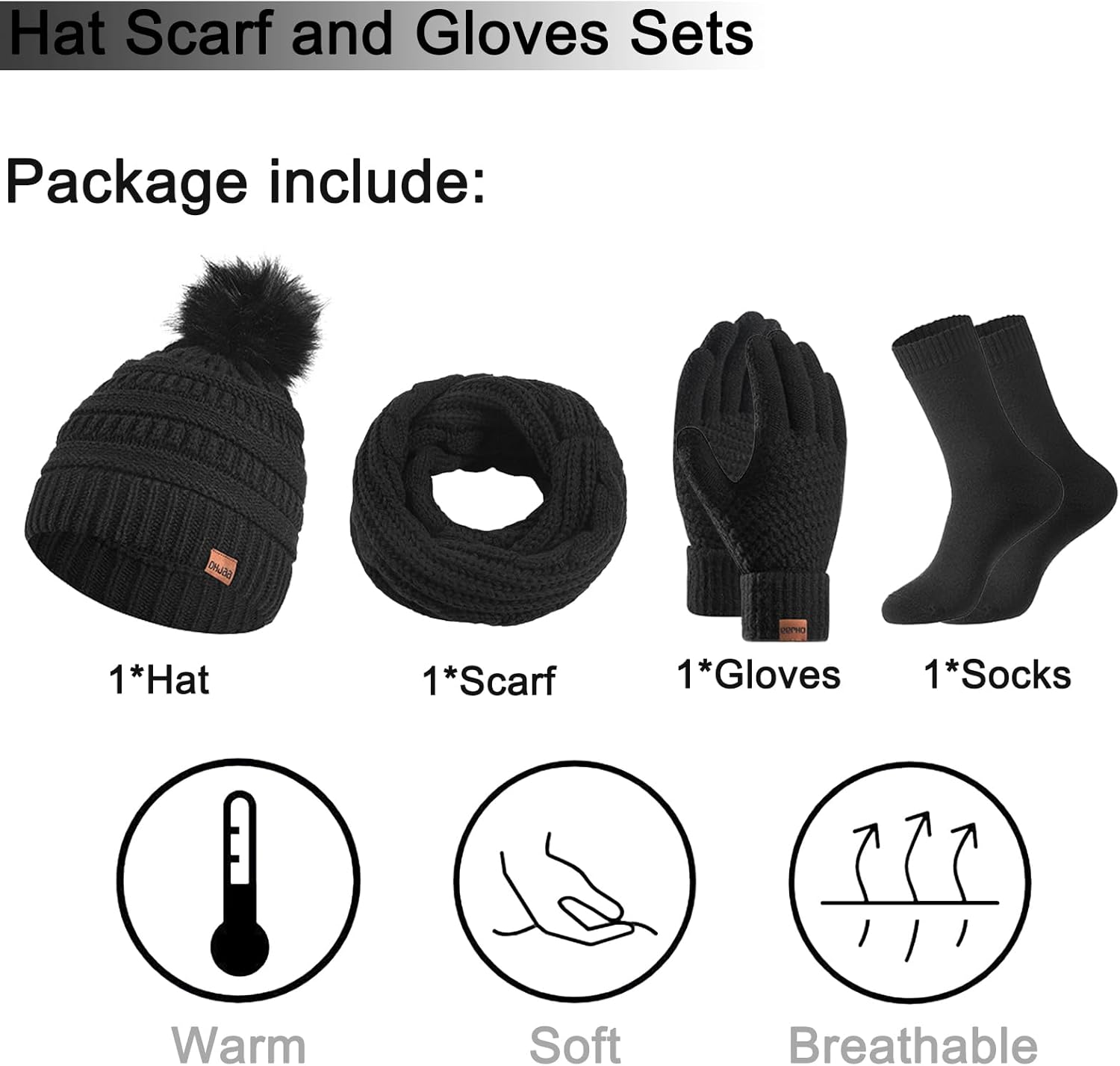 4 Packs Women Winter Hat Scarf Gloves Socks Set,Winter Beanie Cap Warm Thermal Bobble Hats Touchscreen Gloves Women'S Scarf Neck Warmer 4 in 1 Cold Weather Set