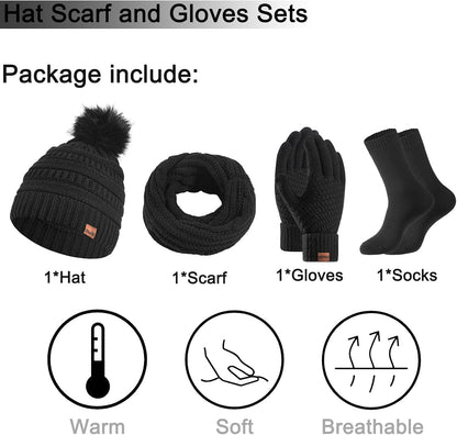 4 Packs Women Winter Hat Scarf Gloves Socks Set,Winter Beanie Cap Warm Thermal Bobble Hats Touchscreen Gloves Women'S Scarf Neck Warmer 4 in 1 Cold Weather Set